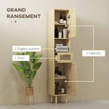 HOMCOM Meuble salle de bain, colonne rangement salle de bain, avec portes en rotin, étagère ouverte, tiroir, 2 placards, 32 x 30 x 170 cm, effet bois de chêne - Kaki - Voir 7