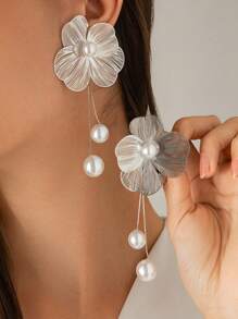 1 Cặp Hoa tai lá bạch quả giả thiết kế sáng tạo thanh lịch thời trang, Phụ kiện đa năng cho phụ nữ, Thích hợp để đeo hàng ngày, Ngoài trời, Chụp ảnh, Quà tặng cho bạn gái, Sinh nhật - Bông tai ngọc trai hoa - Xem 4