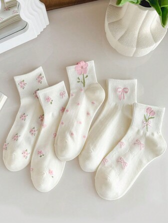 5-9 双女士可爱蝴蝶结和花朵图案短袜，时尚学院风，柔软透气，百搭，适合日常、运动、休闲装，春夏秋
