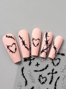 Valentines Nails 2pcs Thorns Heart Black Silver Knot Design Cool Style Nail Art Stickers Heart Chill Style Y2k Nail Decals Valentine's Day Nail Charms Decorations DIY Nail Supplies