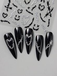 Valentines Nails 2pcs Thorns Heart Black Silver Knot Design Cool Style Nail Art Stickers Heart Chill Style Y2k Nail Decals Valentine's Day Nail Charms Decorations DIY Nail Supplies