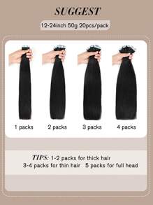 Yilite 20pcs/Pack 12-24 Inch Black Remy Human Hair Extensions, Double-Sided Tape, 50g, 1B Natural Black, Seamless Invisible Tape-In Hair Extensions, Straight Hair - SNatural - View 5