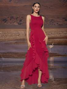 女士纯色圆领无袖不对称荷叶边下摆晚礼服，优雅正式舞会礼服，适合婚礼嘉宾、毕业典礼、晚宴 - 紅色 - 查看 1