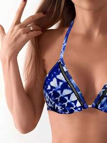 Women's Beach Holiday Tie-Dye Halter Neck Tie Side Bikini Swimwear Set, For Summer Vacation - Multicolor - View 3