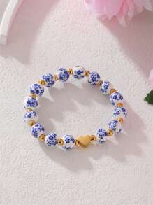 1 pièce Bracelet à cordon élastique en acier inoxydable 18K avec nom personnalisé et date de naissance, imitation porcelaine bleue et blanche. Convient comme cadeau de tous les jours/fête pour femmes. - Multicolore - Voir 9