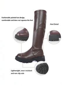 2025 秋冬女士优雅黑色纯色亮面时尚及膝靴 - 棕色 - 查看 10