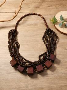 1 pieza Collar largo tipo cadena de jersey de estilo bohemio vintage con patrón de madera de coco, accesorio de viaje