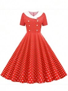 New Polka Dot Printed Retro Double-Breasted Flared Hem Dress - Red - View 2