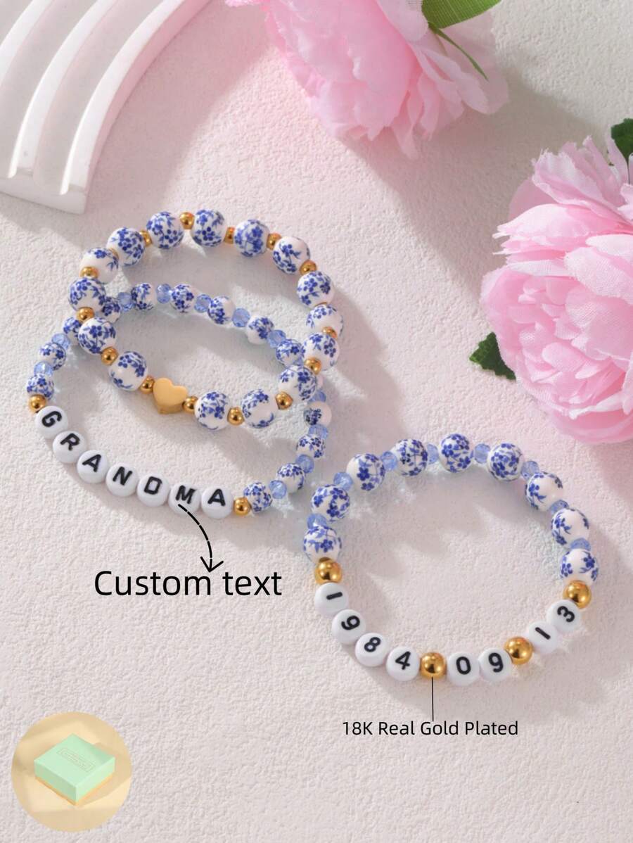 1 pièce Bracelet à cordon élastique en acier inoxydable 18K avec nom personnalisé et date de naissance, imitation porcelaine bleue et blanche. Convient comme cadeau de tous les jours/fête pour femmes. - Multicolore - Voir 1