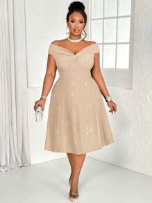 BIUBIU 大码女士性感纯色扭结露肩露背亮片A字连衣裙，适合派对、鸡尾酒会、圣诞节、情人节、婚礼宾客等场合。 - 杏色 - 查看 6