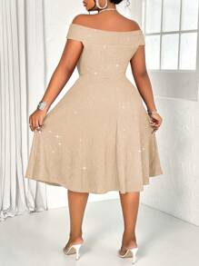 BIUBIU 大码女士性感纯色扭结露肩露背亮片A字连衣裙，适合派对、鸡尾酒会、圣诞节、情人节、婚礼宾客等场合。 - 杏色 - 查看 4