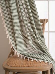Bubaba 1pc Green Plaid Print Curtain, Simple Fresh Cute Style Beige Tassel Blackout Curtain, Suitable For Kids Room, Dining Room, Hotel Bedroom, Holiday Party, Boho Style