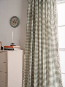Bubaba 1pc Green Plaid Print Curtain, Simple Fresh Cute Style Beige Tassel Blackout Curtain, Suitable For Kids Room, Dining Room, Hotel Bedroom, Holiday Party, Boho Style