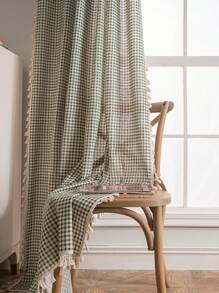 Bubaba 1pc Green Plaid Print Curtain, Simple Fresh Cute Style Beige Tassel Blackout Curtain, Suitable For Kids Room, Dining Room, Hotel Bedroom, Holiday Party, Boho Style