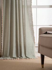 Bubaba 1pc Green Plaid Print Curtain, Simple Fresh Cute Style Beige Tassel Blackout Curtain, Suitable For Kids Room, Dining Room, Hotel Bedroom, Holiday Party, Boho Style