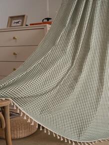 Bubaba 1pc Green Plaid Print Curtain, Simple Fresh Cute Style Beige Tassel Blackout Curtain, Suitable For Kids Room, Dining Room, Hotel Bedroom, Holiday Party, Boho Style