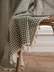 Bubaba 1pc Green Plaid Print Curtain, Simple Fresh Cute Style Beige Tassel Blackout Curtain, Suitable For Kids Room, Dining Room, Hotel Bedroom, Holiday Party, Boho Style