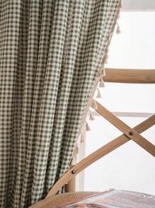 Bubaba 1pc Green Plaid Print Curtain, Simple Fresh Cute Style Beige Tassel Blackout Curtain, Suitable For Kids Room, Dining Room, Hotel Bedroom, Holiday Party, Boho Style
