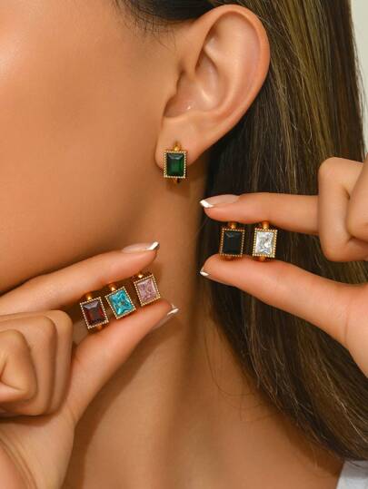 1 Pair Of Luxurious And Elegant Stainless Steel Hoop Earrings With Square Cubic Zirconia And Glass Decoration, Suitable For Women To Wear To Formal Events Or Fashion Outfits, Also A Great Gift For Her