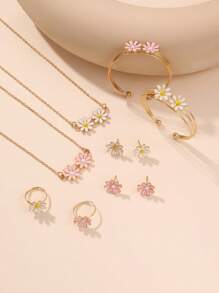 5pcs/Set Stylish Children Floral Daisy Bow Earrings Necklace Bracelet Ring Jewelry Set, Gift For Girls - YSN1526 Daisy - View 1