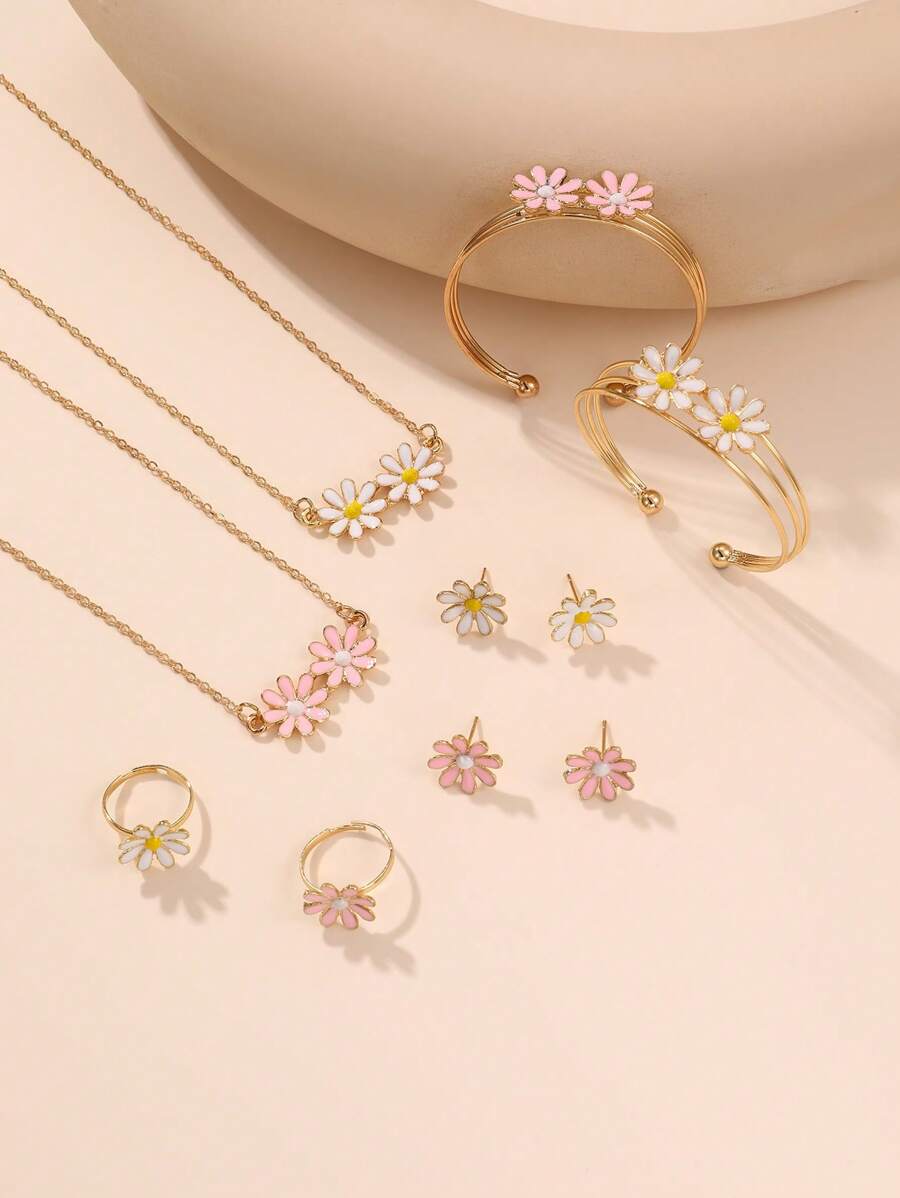 5pcs/Set Stylish Children Floral Daisy Bow Earrings Necklace Bracelet Ring Jewelry Set, Gift For Girls - YSN1526 Daisy - View 1