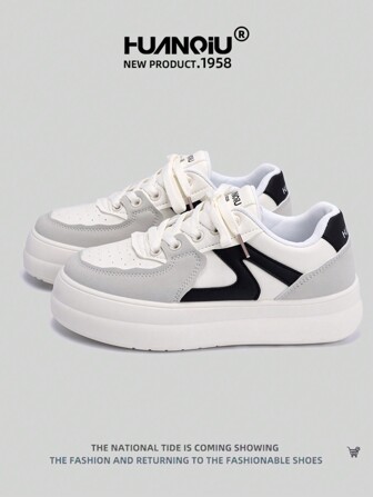  HUANQIU 女士厚底时尚百搭运动休闲鞋，经典运动鞋，舒适时尚，适合所有季节，有白色、黑色、卡其色、米色、银色、浅蓝色可选，学生休闲平底鞋