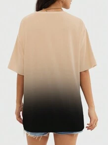 Speed mate 女士渐变色圆领短袖T恤，休闲宽松版型上衣，春夏款 - 卡其色 - 查看 4