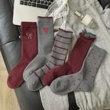 3 / 5 Stücke Ancora rote Socken mit Schleife aus Plüsch für Frauen, knotenlose Söckchen im College-Stil mit großer Schlaufe, mittellange Socken in Grau für den Valentinstag