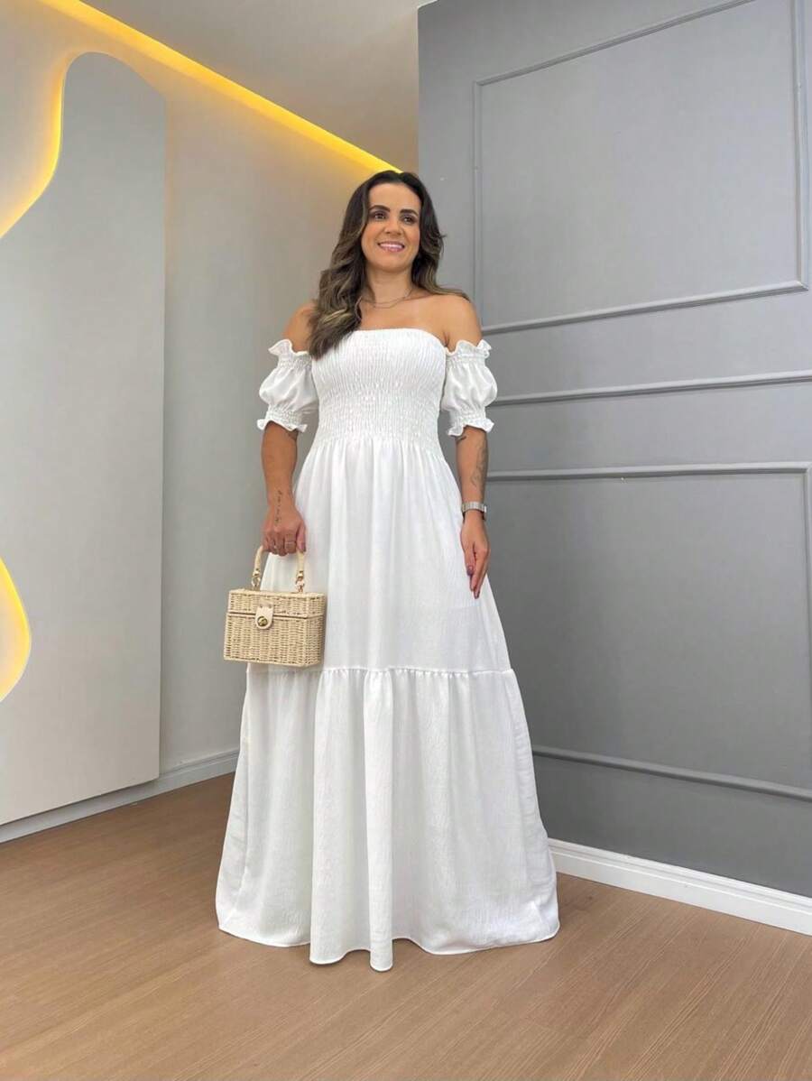 Lastex Women's Long Strapless Waist Dress - trắng - Xem 1