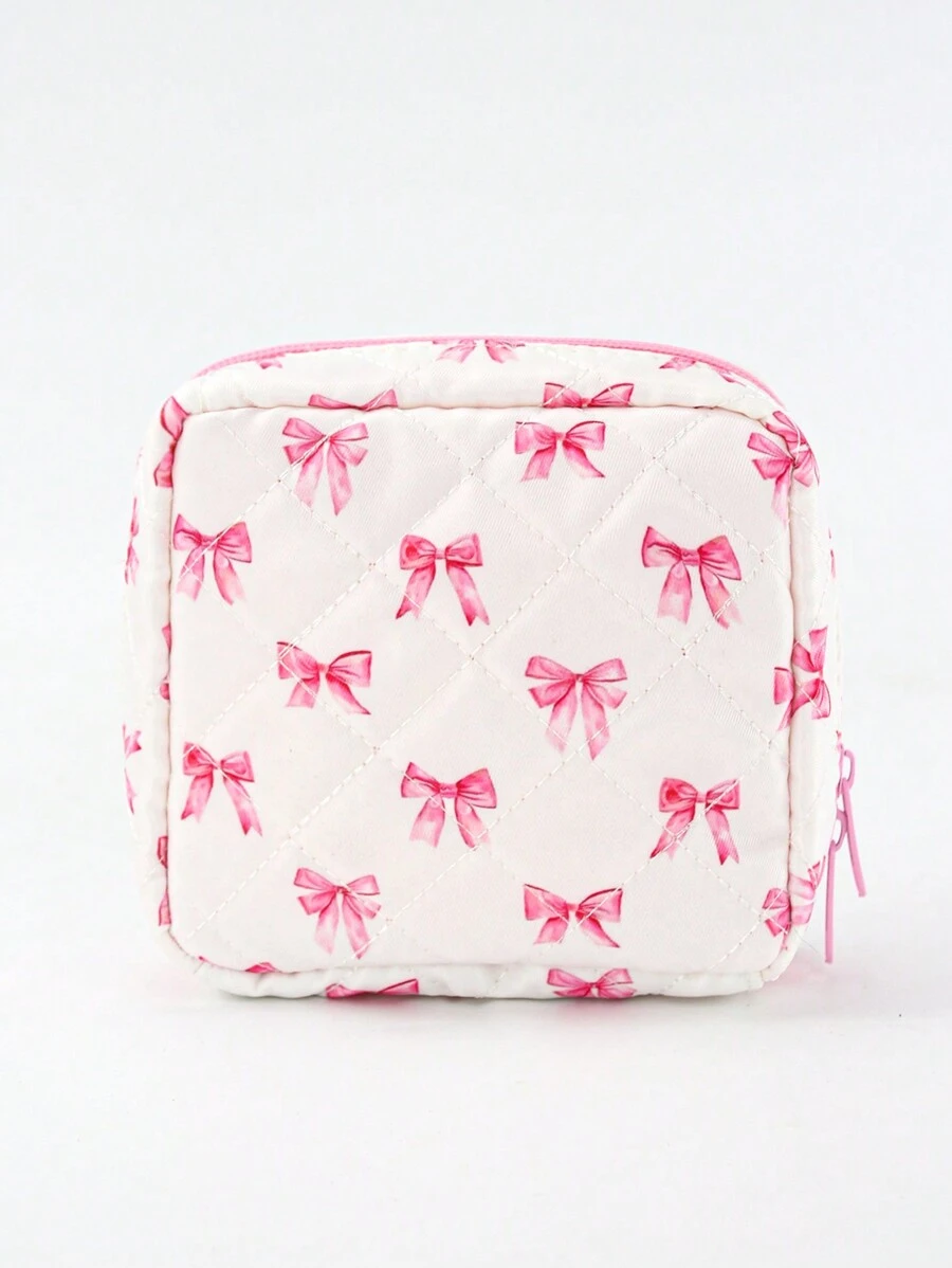 1 szt. Uroczy różowy organizer z kokardą, minimalistyczna, jednokolorowa, wielofunkcyjna portmonetka, kosmetyczka, uchwyt na podpaski, mała torba podróżna do szkoły, pracy, podróży, w stylu boho