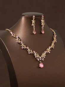 3pcs Women's Bridal Wedding Necklace Earrings Jewelry Set, Elegant Accessories For Wedding And Party - Gold Base Pink - View 3