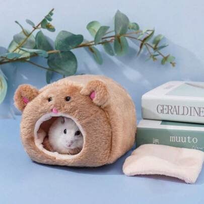 1Pc Brown Hamster Winter Warm Hammock Cute Bear House With Bed Mat Small Animal Cage Accessories For Small Animals,Hamster Supplies, Pet Supplies,Hamster Cage,"Love Bear"