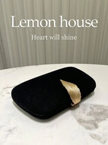 1 件黑色优雅天鹅绒复古金属叶扣正式派对手拿包，适合晚礼服、宴会、婚礼和正式场合