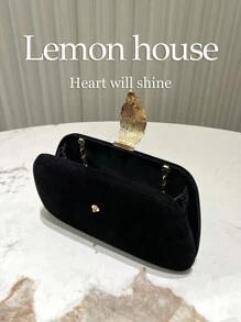 1 件黑色优雅天鹅绒复古金属叶扣正式派对手拿包，适合晚礼服、宴会、婚礼和正式场合