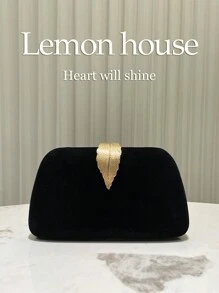1 件黑色优雅天鹅绒复古金属叶扣正式派对手拿包，适合晚礼服、宴会、婚礼和正式场合
