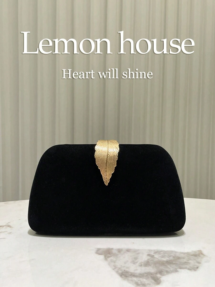 1 件黑色优雅天鹅绒复古金属叶扣正式派对手拿包，适合晚礼服、宴会、婚礼和正式场合