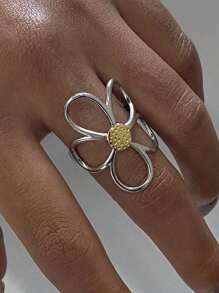 1Pc Retro Sáng Tạo Vàng Và Bạc Phù Hợp Thiết Kế Hoa Rỗng Bằng Thép Không Gỉ Mạ Vàng 18K Chất Lượng Cao Không Thấm Nước Nhẫn Nữ Thích Hợp Cho Đeo Hàng Ngày Kỳ Nghỉ Vv Lễ Tình Nhân, Mẹ, Mẹ, Ngày của Mẹ, Quà Tặng - vòng mở - Xem 5