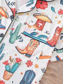 Set de 2 piezas de pijama con estampado de vaquero para mujer, que incluye camisa de manga corta con cuello y botones y pantalones cortos sueltos con elástico, ropa de dormir para fiestas, uso casual en interior o exterior, para todas las estaciones, conjunto de dos piezas
