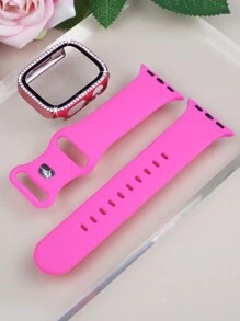 Tương thích với bộ dây đeo và vỏ đồng hồ Apple Bộ kết hợp thời trang, thể thao, mềm mại và thoải mái Khóa đinh tán Dây đeo silicon + Vỏ máy tính chống rơi và chống trầy xước đính đá sáng bóng có tích hợp màng kính cường lực Tương thích với Apple Watch 38/40/41/42/44/45/46/49mm Vỏ dây đeo thay thế Tương thích với Apple Watch Series Ultra/11/10/9/8/7/6/5/4/3/Se dành cho nữ - Búp bê barbie màu hồng - Xem 7