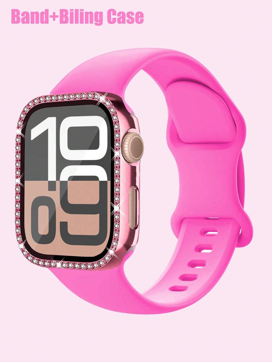 Tương thích với bộ dây đeo và vỏ đồng hồ Apple Bộ kết hợp thời trang, thể thao, mềm mại và thoải mái Khóa đinh tán Dây đeo silicon + Vỏ máy tính chống rơi và chống trầy xước đính đá sáng bóng có tích hợp màng kính cường lực Tương thích với Apple Watch 38/40/41/42/44/45/46/49mm Vỏ dây đeo thay thế Tương thích với Apple Watch Series Ultra/11/10/9/8/7/6/5/4/3/Se dành cho nữ - Búp bê barbie màu hồng - Xem 1