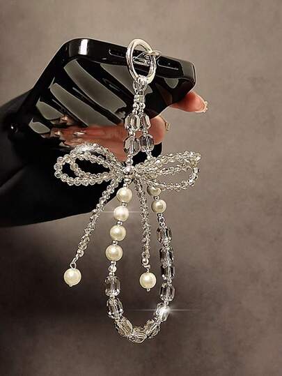 可爱蝴蝶结串珠珍珠吊坠手机挂绳，兼容配件，链条挂绳，女士饰品挂绳，送给母亲、家人、朋友的生日、节日礼物