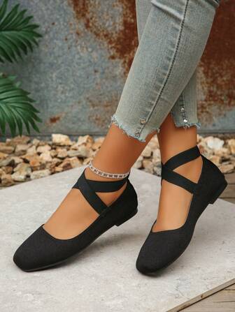 Plus Size Women's Retro Mary Jane Shoes, Black Low Vamp Square Toe Ankle Strap Flat Shoes, Fashionable Vintage Style, Comfortable Soft Bottom Ballet Flats For Daily Wear, Spring & Autumn