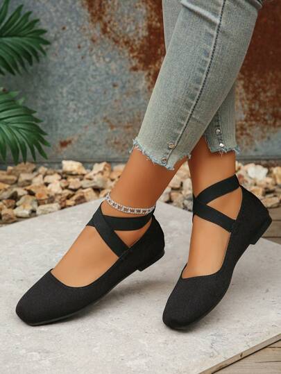 Plus Size Women's Retro Mary Jane Shoes, Black Low Vamp Square Toe Ankle Strap Flat Shoes, Fashionable Vintage Style, Comfortable Soft Bottom Ballet Flats For Daily Wear, Spring & Autumn