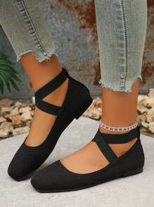 大码女式复古玛丽珍鞋，黑色低帮方头踝带平底鞋，时尚复古风格，舒适软底芭蕾平底鞋，适合日常穿着，春秋季节 - 黑色 - 查看 5