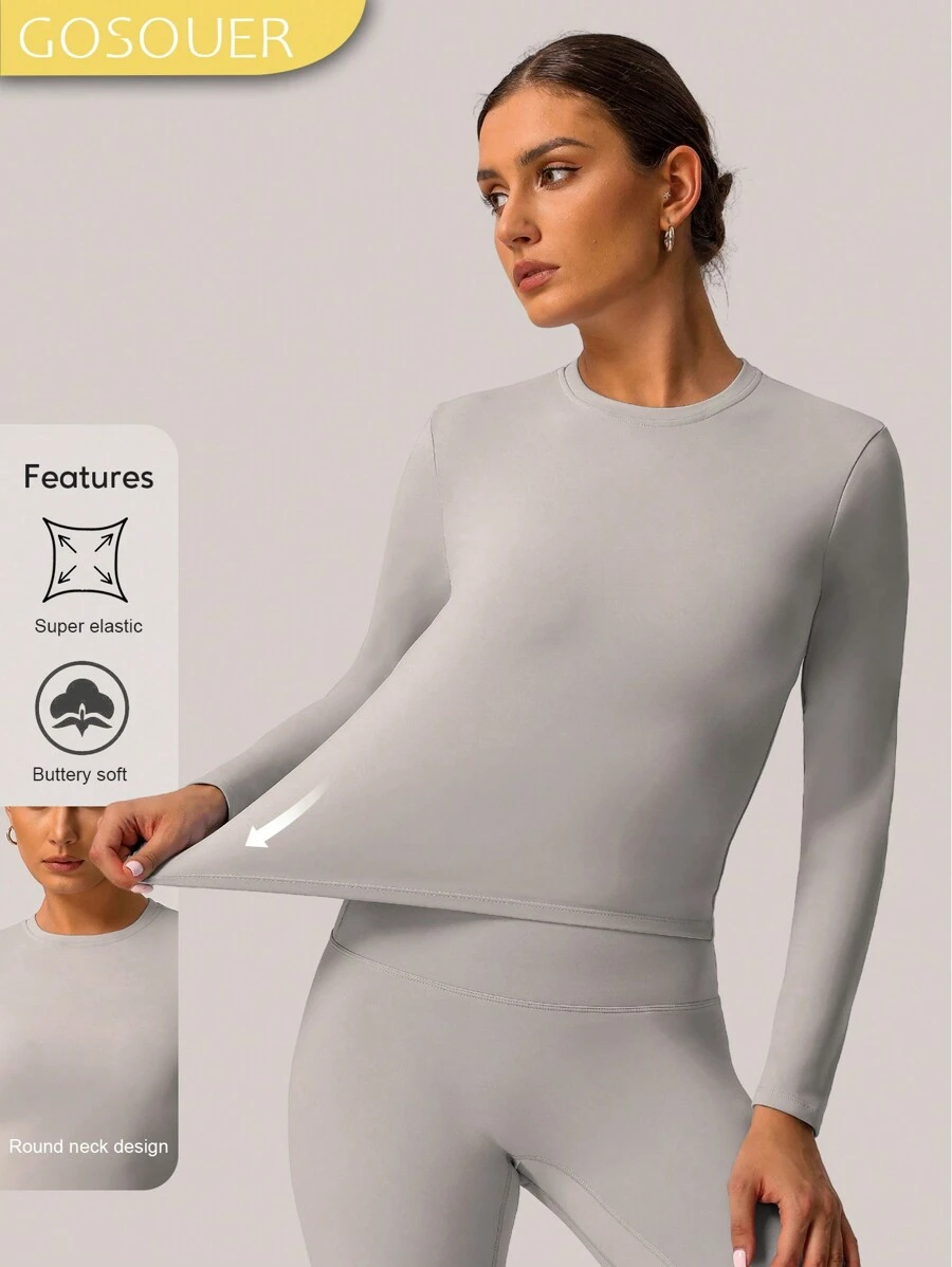 Áo thun thể thao chạy bộ tay dài thường ngày màu trơn dành cho nữ mùa xuân và mùa hè GOSOUER - Xám - Xem 1