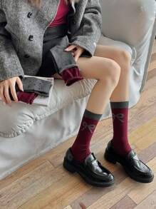 3 / 5 Stücke Ancora rote Socken mit Schleife aus Plüsch für Frauen, knotenlose Söckchen im College-Stil mit großer Schlaufe, mittellange Socken in Grau für den Valentinstag