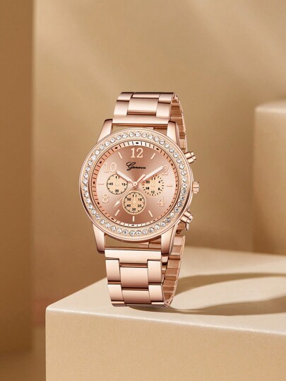 Lady's Rose Goud Stainless Steel Strap Leisure Classic Arabic Numeral Scale Dial Quartz Horloge Bracelet Jewelry Set Wear ation Giving To Friends Or Current Holiday view 3