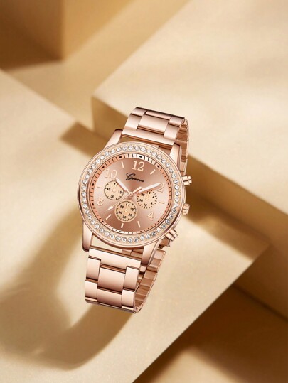 Lady's Rose Goud Stainless Steel Strap Leisure Classic Arabic Numeral Scale Dial Quartz Horloge Bracelet Jewelry Set Wear ation Giving To Friends Or Current Holiday view 4