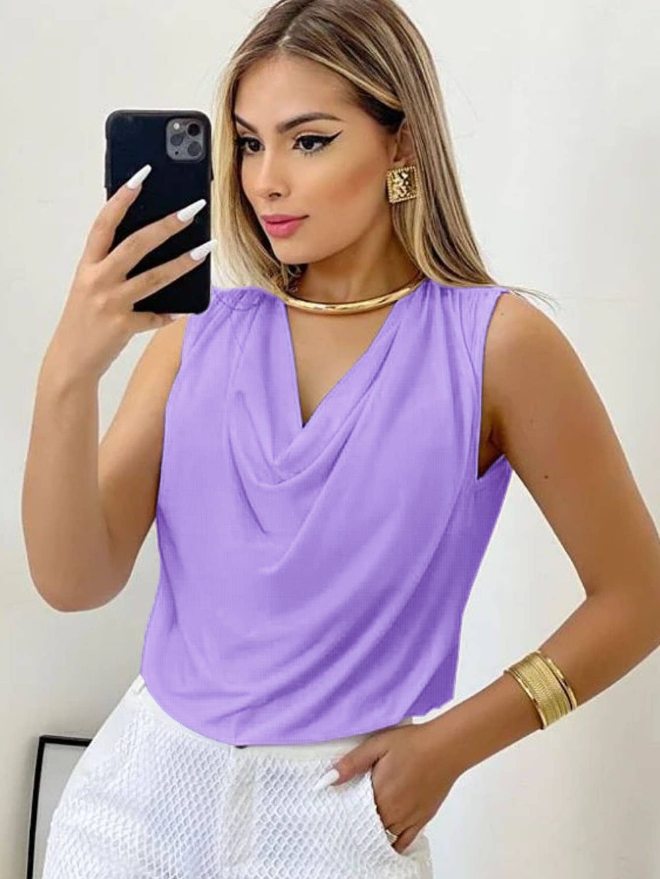 Women's Suplex Tank Top With Simple Boba Collar For Summer - Mauve Purple - View 1