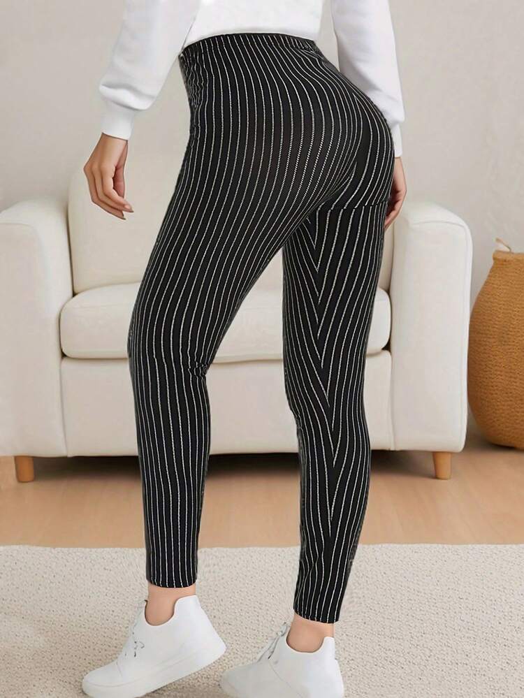Women's Casual Fashion Leggings, Black Vertical Stripe Printed, Soft & Comfortable High Stretch Fleece Inner Skinny Pants For Sportswear, Yoga, Fitness, Home, Outdoor Activities, Spring/Summer
